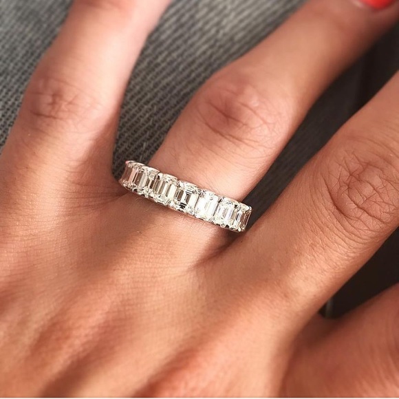 Emerald Cut Eternity Wedding Band Lab Diamond Ring - Picture 5 of 16